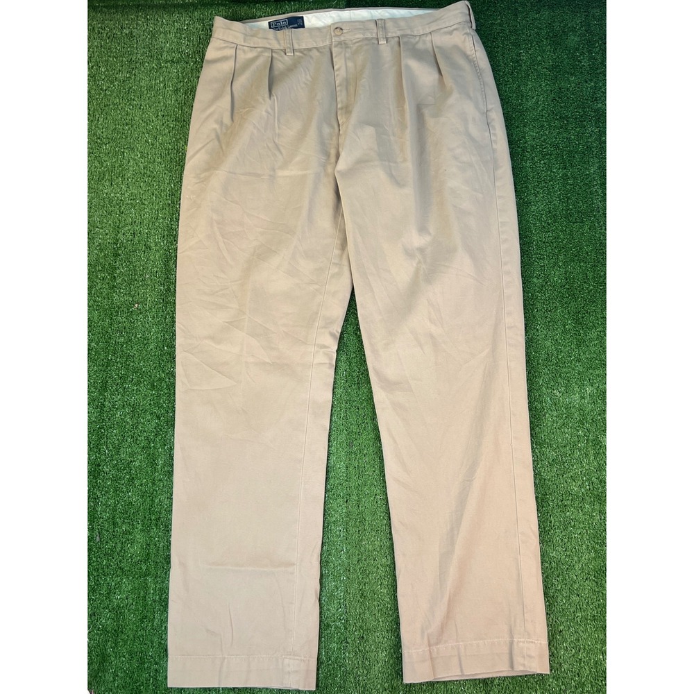 Polo Ralph Lauren Andrew Pant Mens 38x34 Khaki Pleated Cotton Chino Trousers Tan